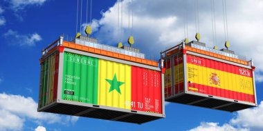 Senegal ve İspanya 'nın bayraklı konteynırları - 3 boyutlu illüstrasyon
