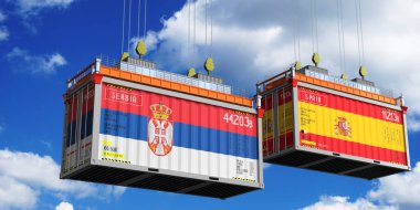 Sırbistan ve İspanya 'nın bayraklı konteynerleri - 3D illüstrasyon