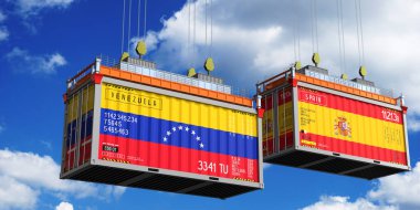 Venezuela ve İspanya 'nın bayraklı konteynırları - 3 boyutlu illüstrasyon