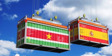 Surinam ve İspanya bayraklı nakliye konteynerleri - 3 boyutlu illüstrasyon