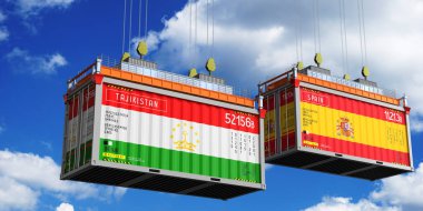 Tacikistan ve İspanya bayraklı konteynırlar - 3D illüstrasyon