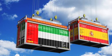 Birleşik Arap Emirlikleri ve İspanya bayraklı nakliye konteynerleri - 3 boyutlu illüstrasyon