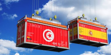 Tunus ve İspanya bayraklı nakliye konteynerleri - 3D illüstrasyon
