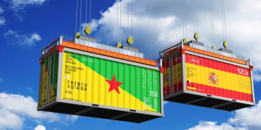 Fransız Guyanası ve İspanya bayraklı konteynırlar - 3D illüstrasyon