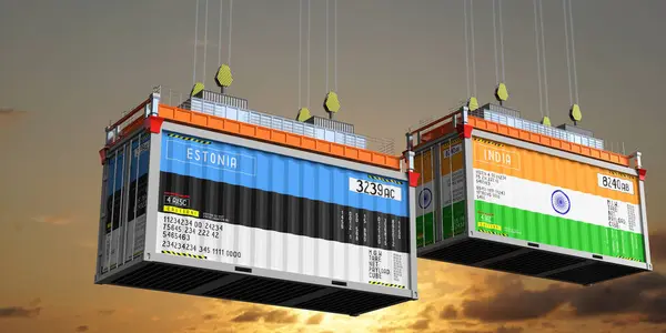 Shipping containers with flags of Estonia and India - 3D illustration