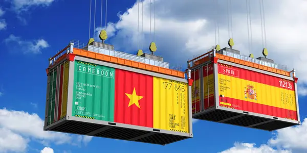İçinde Kamerun ve İspanya bayrakları olan konteynırlar - 3D illüstrasyon