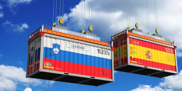 Slovenya ve İspanya bayraklı konteynerler - 3D illüstrasyon