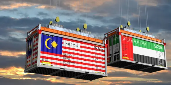 Přepravní Kontejnery Vlajkami Malajsie Spojených Arabských Emirátů Ilustrace — Stock fotografie