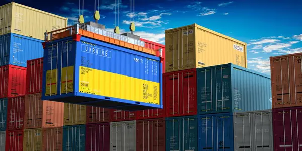 stock image Freight shipping container with flag of Ukraine on crane hook - 3D illustration