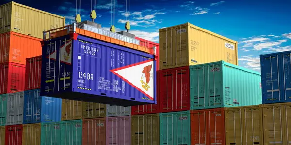 stock image Freight shipping container with flag of American Samoa on crane hook - 3D illustration