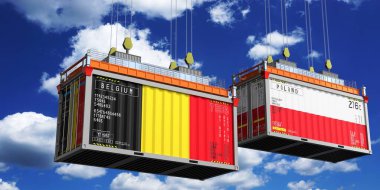 Belçika ve Polonya bayraklı nakliye konteynerleri - 3 boyutlu illüstrasyon