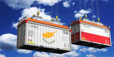 Kıbrıs ve Polonya bayraklı nakliye konteynerleri - 3D illüstrasyon