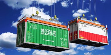 Suudi Arabistan ve Polonya bayraklı konteynırlar - 3D illüstrasyon