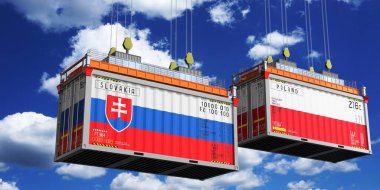 Slovakya ve Polonya bayraklı nakliye konteynerleri - 3D illüstrasyon