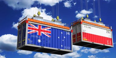 Avustralya ve Polonya bayraklı nakliye konteynerleri - 3D illüstrasyon