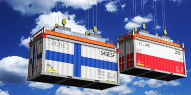 Finlandiya ve Polonya bayraklı nakliye konteynerleri - 3D illüstrasyon