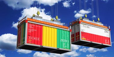 Üzerinde Gine ve Polonya bayrakları olan konteynırlar - 3 boyutlu illüstrasyon