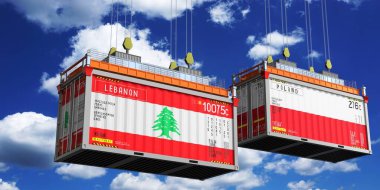 Lübnan ve Polonya bayraklı nakliye konteynerleri - 3 boyutlu illüstrasyon