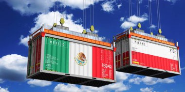 Meksika ve Polonya bayraklı nakliye konteynerleri - 3 boyutlu illüstrasyon