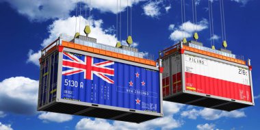 Yeni Zelanda ve Polonya bayraklı nakliye konteynerleri - 3 boyutlu illüstrasyon