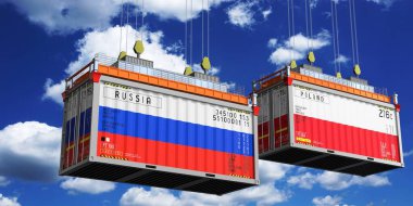 Rusya ve Polonya bayraklı nakliye konteynerleri - 3 boyutlu illüstrasyon