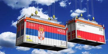 Sırbistan ve Polonya bayraklı konteynerler - 3D illüstrasyon