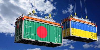 Bangladeş ve Ukrayna bayraklı konteynırlar - 3 boyutlu illüstrasyon