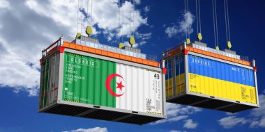 Cezayir ve Ukrayna bayraklı nakliye konteynerleri - 3 boyutlu illüstrasyon