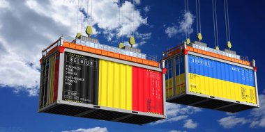 Belçika ve Ukrayna bayraklı nakliye konteynerleri - 3 boyutlu illüstrasyon