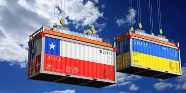 Şili ve Ukrayna bayraklı nakliye konteynerleri - 3 boyutlu illüstrasyon