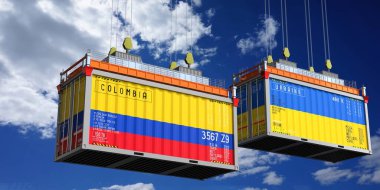 Kolombiya ve Ukrayna bayraklı nakliye konteynerleri - 3 boyutlu illüstrasyon