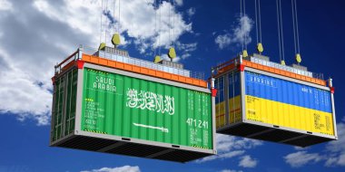 Suudi Arabistan ve Ukrayna bayraklı konteynırlar - 3D illüstrasyon