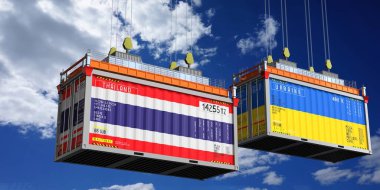 Tayland ve Ukrayna bayraklı konteynırlar - 3 boyutlu illüstrasyon