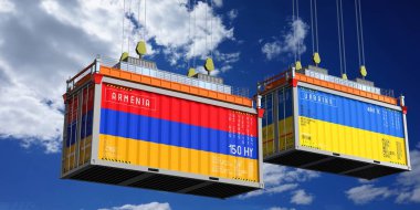 Ermenistan ve Ukrayna bayraklı konteynırlar - 3 boyutlu illüstrasyon