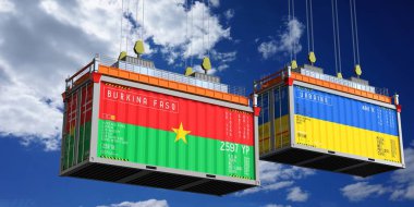 Üzerinde Burkina Faso ve Ukrayna bayrakları olan konteynırlar - 3D illüstrasyon