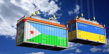 Cibuti ve Ukrayna bayraklı nakliye konteynerleri - 3 boyutlu illüstrasyon