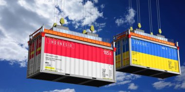 Endonezya ve Ukrayna bayraklı nakliye konteynerleri - 3 boyutlu illüstrasyon