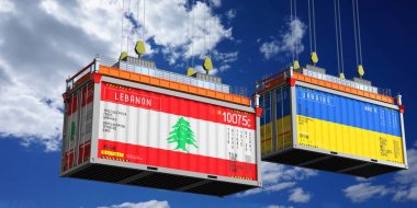 Lübnan ve Ukrayna bayraklı konteynırlar - 3 boyutlu illüstrasyon