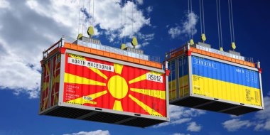 Kuzey Makedonya ve Ukrayna bayraklı nakliye konteynerleri - 3D illüstrasyon