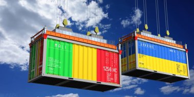 Mali ve Ukrayna bayraklı nakliye konteynerleri - 3 boyutlu illüstrasyon