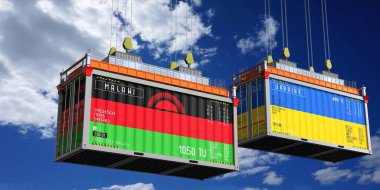 Malawi ve Ukrayna bayraklı nakliye konteynerleri - 3 boyutlu illüstrasyon