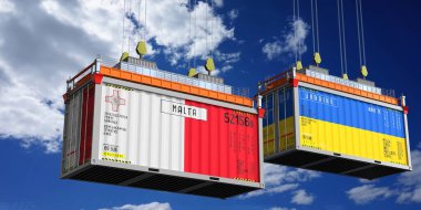 Malta ve Ukrayna bayraklı nakliye konteynerleri - 3 boyutlu illüstrasyon