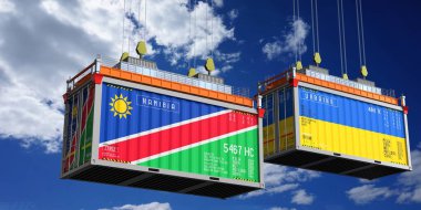 Namibya ve Ukrayna bayraklı nakliye konteynerleri - 3 boyutlu illüstrasyon