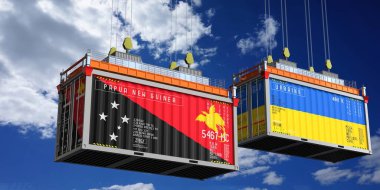 İçinde Papua Yeni Gine ve Ukrayna bayrakları olan konteynırlar - 3D illüstrasyon