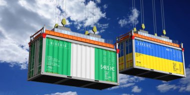 Nijerya ve Ukrayna bayraklı konteynırlar - 3 boyutlu illüstrasyon