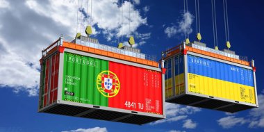 Portekiz ve Ukrayna bayraklı nakliye konteynerleri - 3 boyutlu illüstrasyon