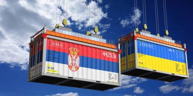 Sırbistan ve Ukrayna bayraklı konteynerler - 3D illüstrasyon