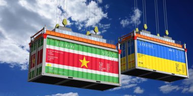 Surinam ve Ukrayna bayraklı nakliye konteynerleri - 3 boyutlu illüstrasyon