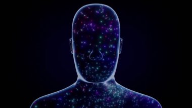 Dönen insan yüzü ve birçok ışık parçacığı - 3D 4k animasyon (3840 x 2160 px)