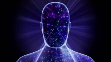 İnsan yüzü ve birçok ışık parçacığı - 3D 4k animasyon (3840 x 2160 px)